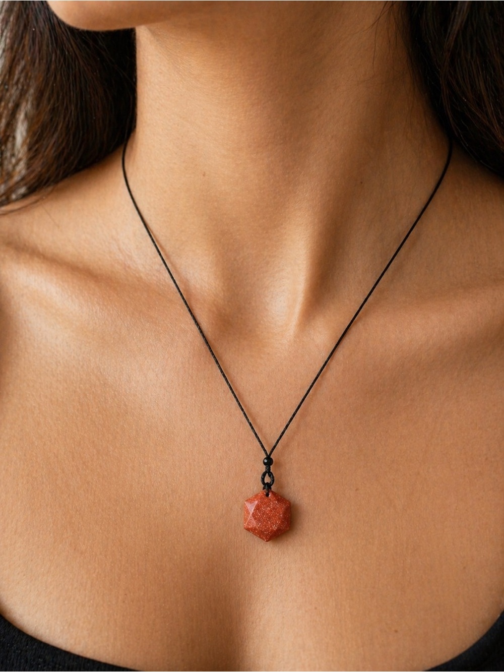 Goldstone Hexagon Pendant Necklace in Brown